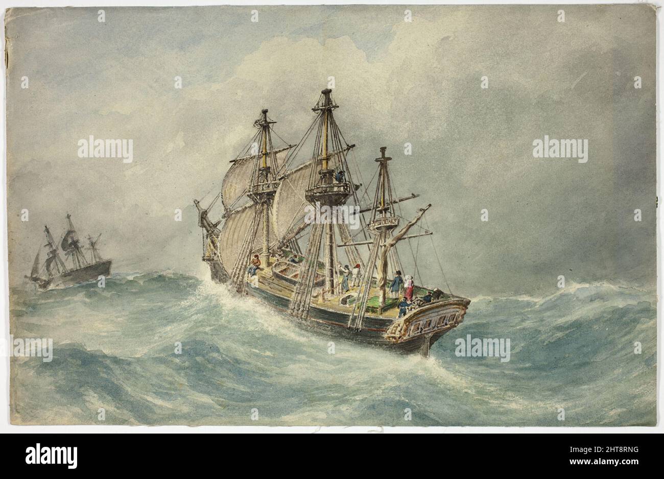 Two Three-Mast Ships on Stormy Sea, 1800-1899. Stock Photo