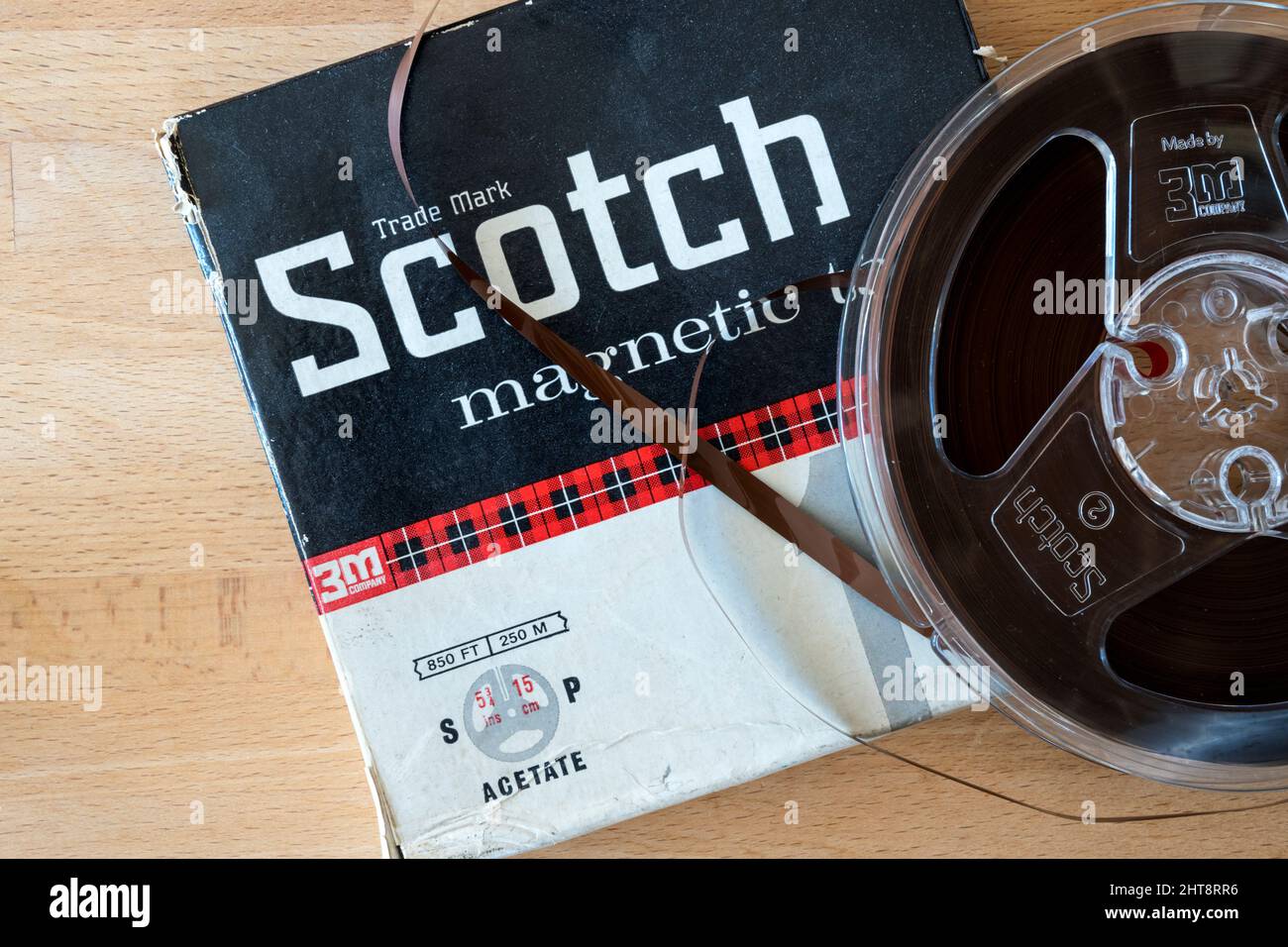 A boxed reel of Scotch Magnetic Tape for use in a reel to reel tape recorder. Stock Photo
