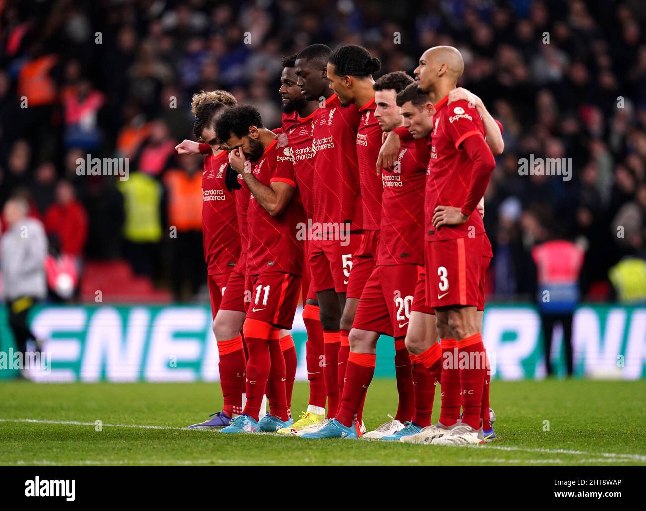 Liverpool line up for penalties during the Carabao Cup final at Wembley