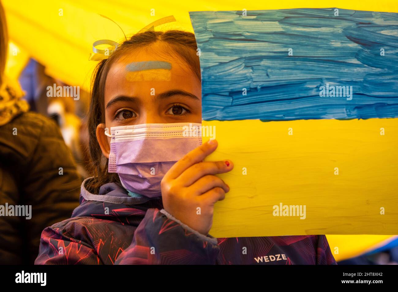 Valencia, Spain; 27th Feb 2022: Demonstrators protest against the war during a demonstration against Russia's invasion of Ukraine. Some children were also present. Credit: Media+Media/Alamy Live News Stock Photo