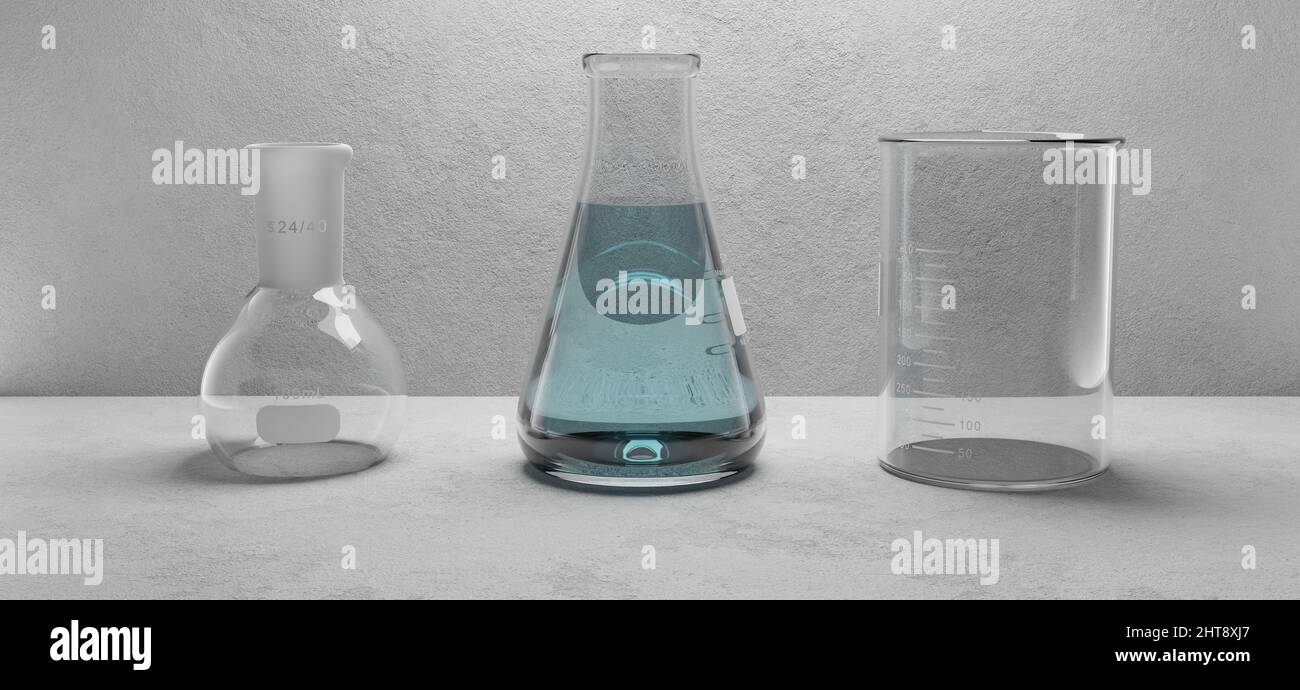 3D rendering of a glass beaker and Erlenmeyer flask in a concrete