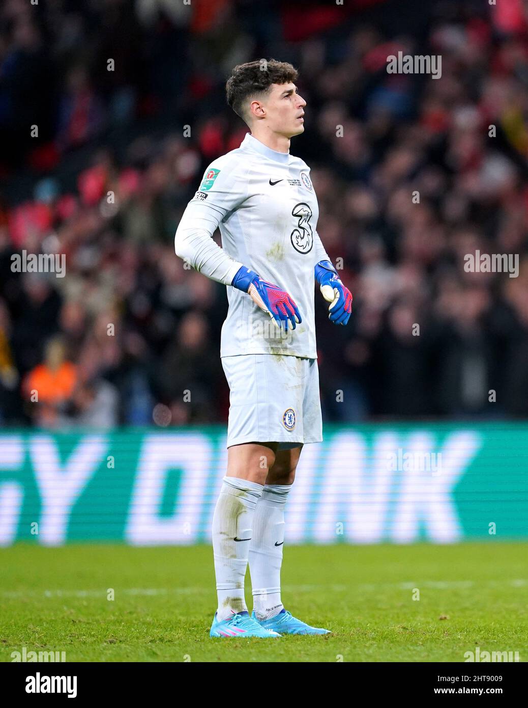 Chelsea goalkeeper Kepa Arrizabalaga reacts after missing the decisive penalty of the penalty shoot-out during the Carabao Cup final at Wembley Stadium, London. Picture date: Sunday 27th February, 2022. Stock Photo