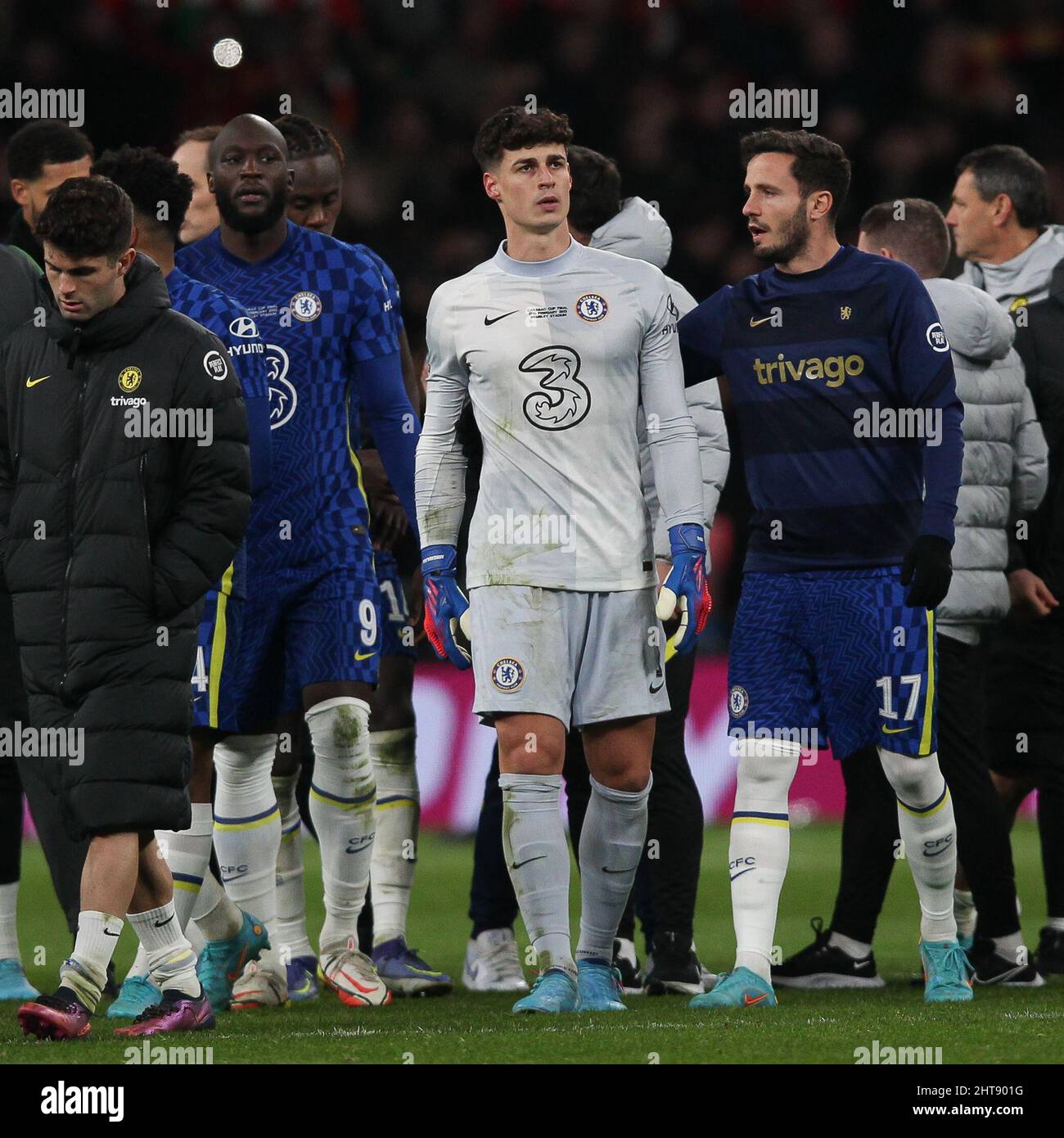 London, UK. 27th Feb, 2022. A dejected Chelsea Goalkeeper Kepa Arrizabalaga after missing his penalty during the EFL Carabao Cup Final between Chelsea and Liverpool at Wembley Stadium, London, England on 27 February 2022. Photo by Ken Sparks. Editorial use only, license required for commercial use. No use in betting, games or a single club/league/player publications. Credit: UK Sports Pics Ltd/Alamy Live News Stock Photo