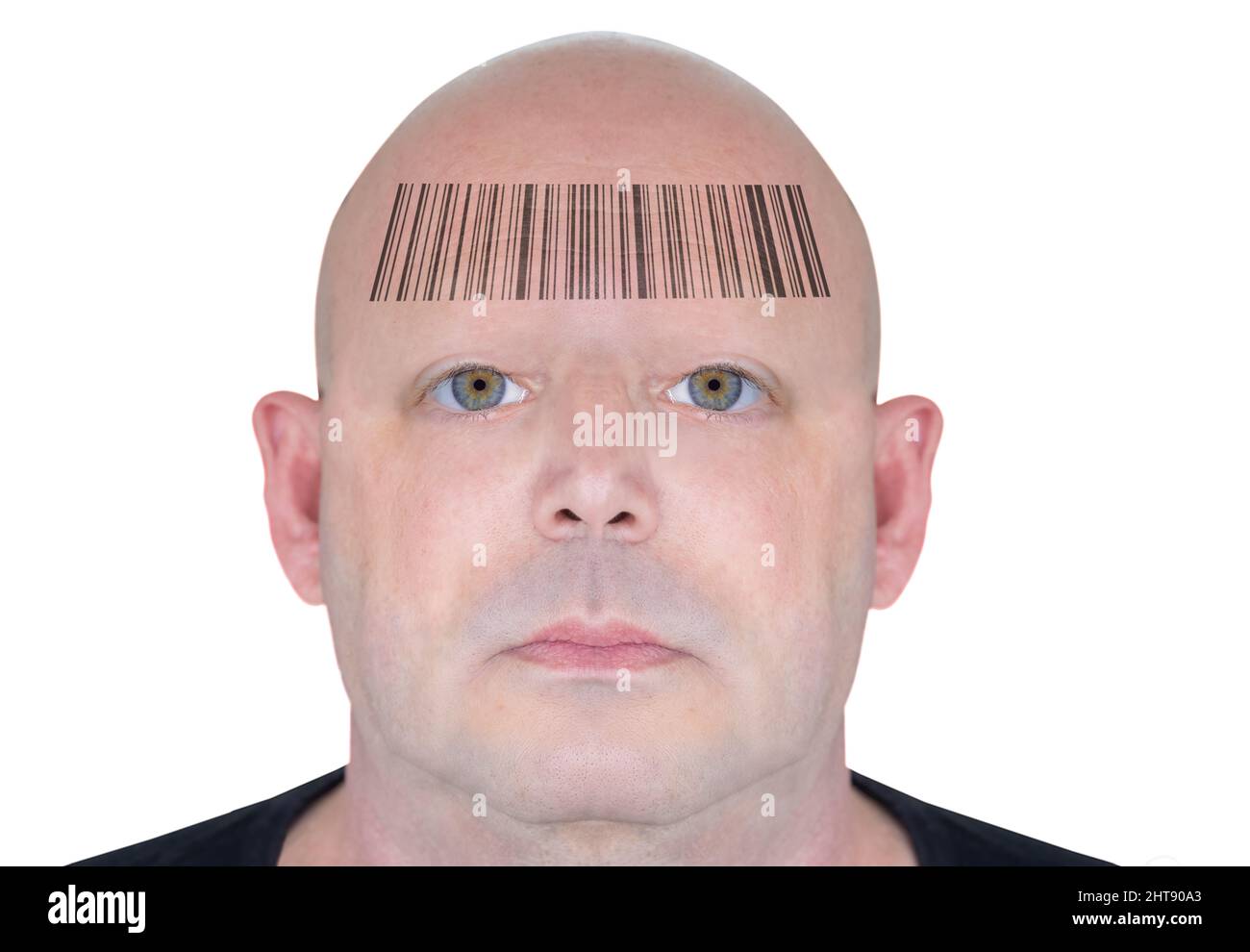 Futuristic rendering of a man's face with a barcode on his forehead. Conceptual image of control of the population. The bar code contains the text 'Ge Stock Photo