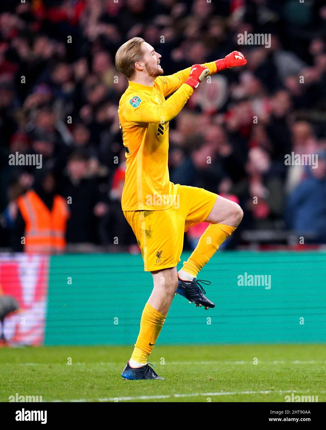 Keleher Liverpool goalkeeper Caoimhin Kelleher celebrates after scoring the ...