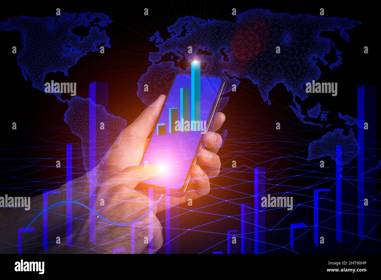 Hand with a phone on the background of 5g digital statistics, growth charts, analytics and big data. Business, income, cryptocurrency concept. High quality photo Stock Photo