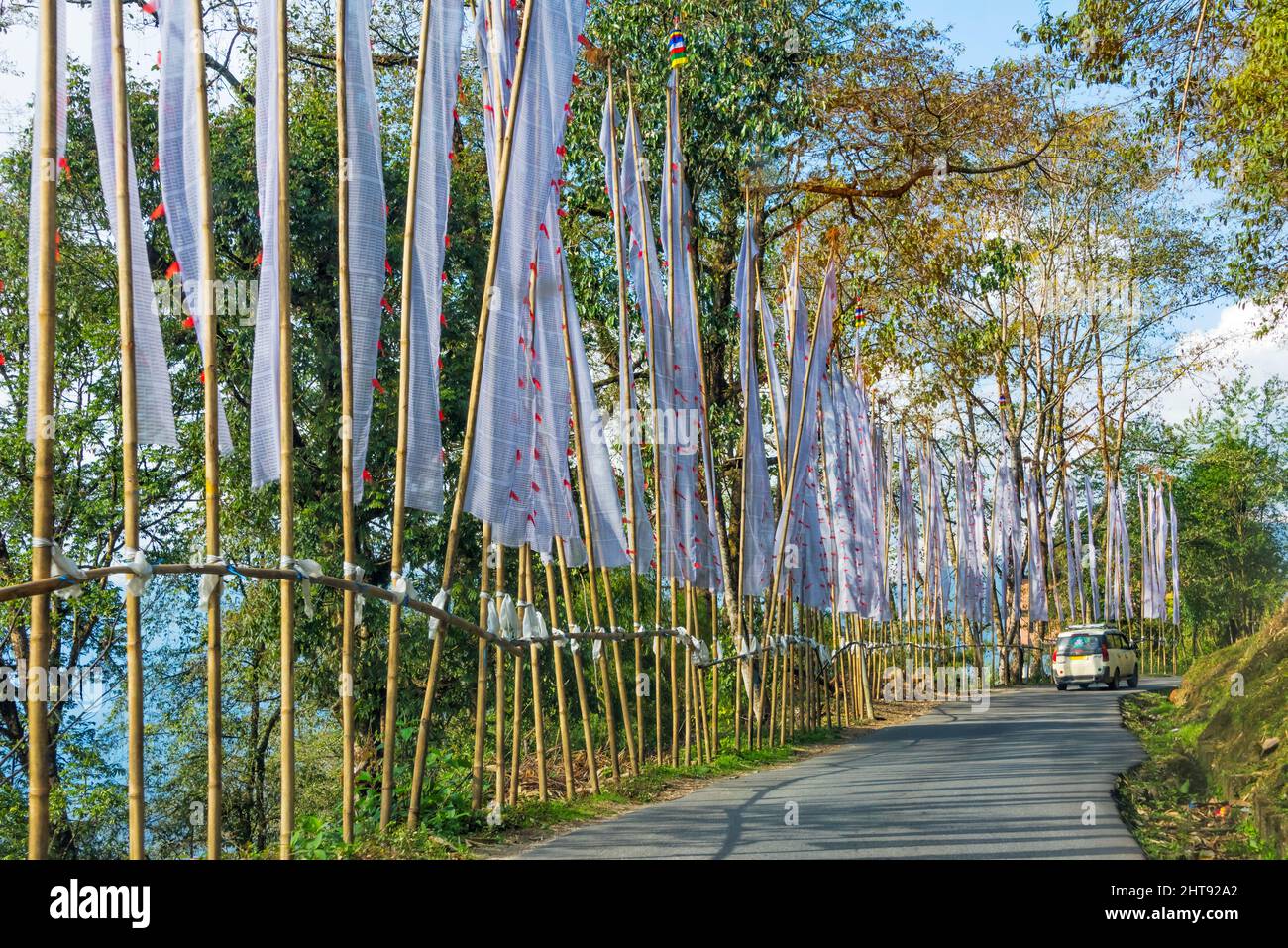 Prayer flags leading to Sangchen Pemayangtse Monastery, Pelling, Sikkim, India Stock Photo