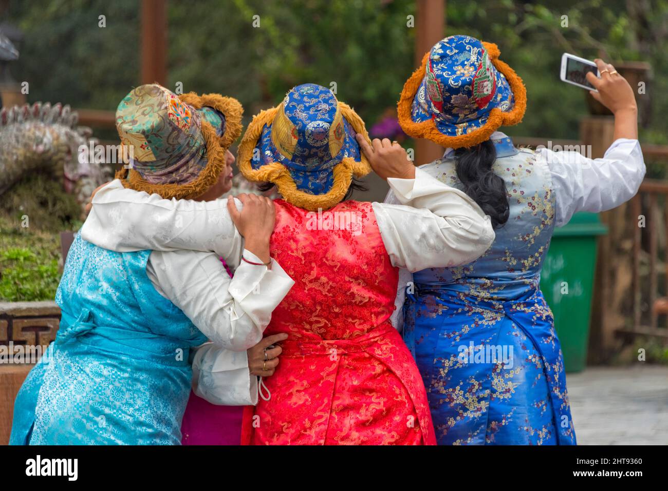 Middle-aged women taking selfie, Gangtok, Sikkim, India Stock Photo