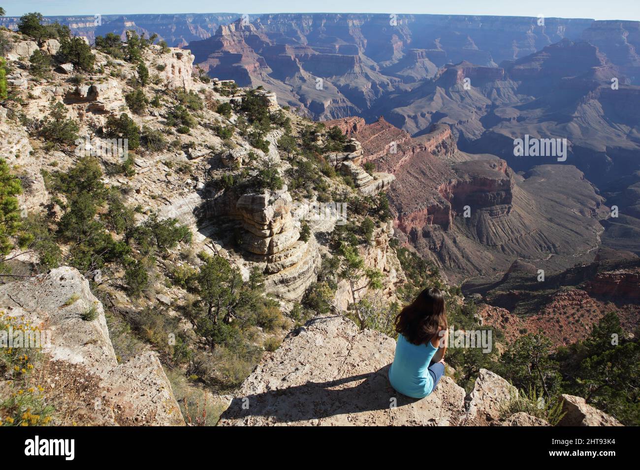 A girl looks at the view of cliffs, buttes, and rock layers, down in the depths of the Grand Canyon at Shoshone Point on the South Rim. Shoshone Point Stock Photo