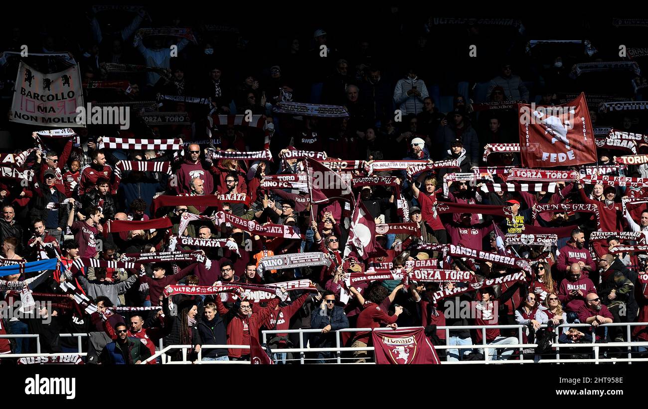 Turin, Italy. 27 February 2022. Fans of Torino FC show their support prior  to the Serie