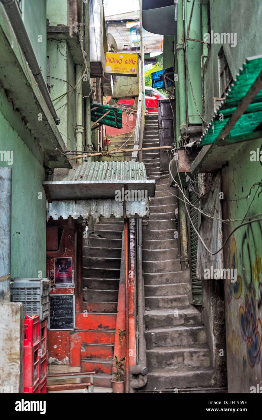 Colonial houses with narrow stairs going uphill, Gangtok, Sikkim, India Stock Photo