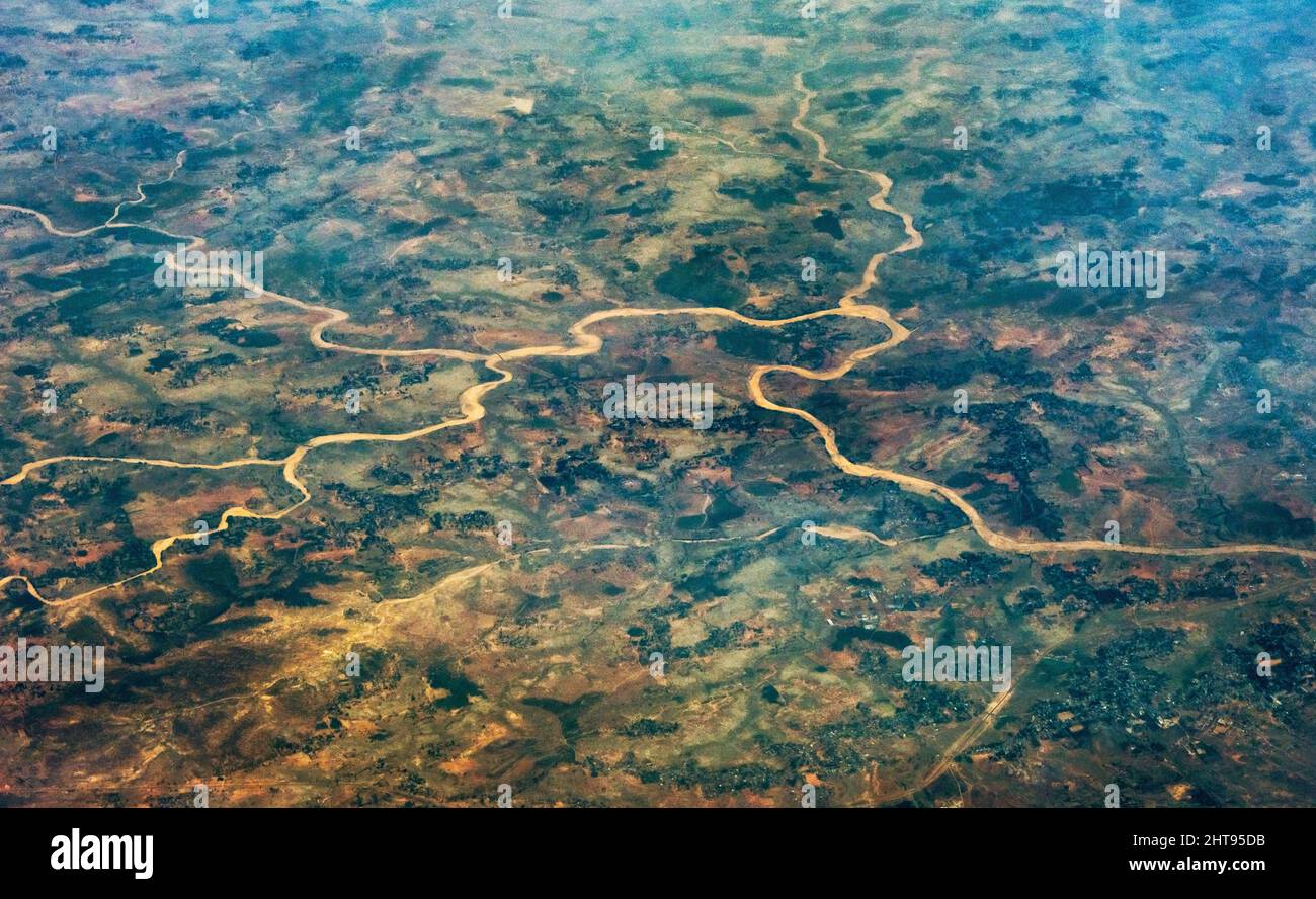 Aerial view of Ganges River winding through the land, India Stock Photo
