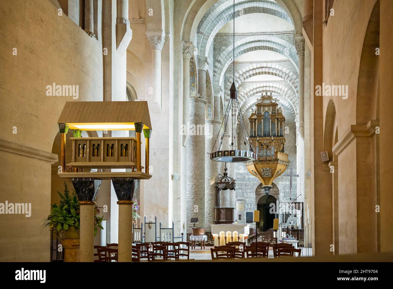 Interior of 10th Century Church - Abbey St Philibert in Tournus, Burgundy, France on 12 June 2013 Stock Photo