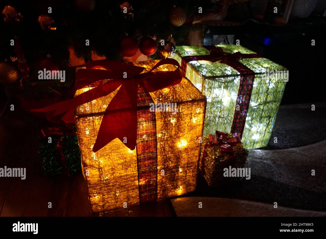 Decorative gift boxes with lights in the street Stock Photo Alamy