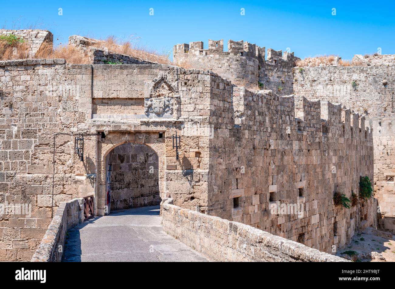 The gate of St Athanasius, part of the fortification of the medieval town of Rhodes, Dodecanese, Greece. Stock Photo