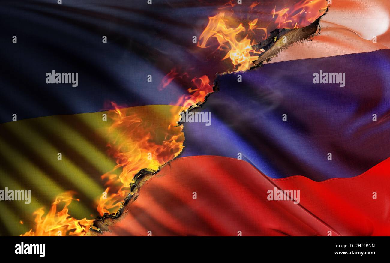 3D composite illustration depicting the national flag of Russia burned by the flames of ukrainian resistance during russian invasion with the national Stock Photo