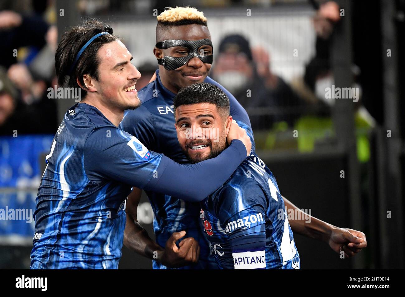 Roma, Italy. 27th Feb, 2022. Lorenzo Insigne of SSC Napoli celebrates with  Eljif Elmas and Victor Osimhen after scoring the goal of 0-1 during the  Serie A football match between SS Lazio
