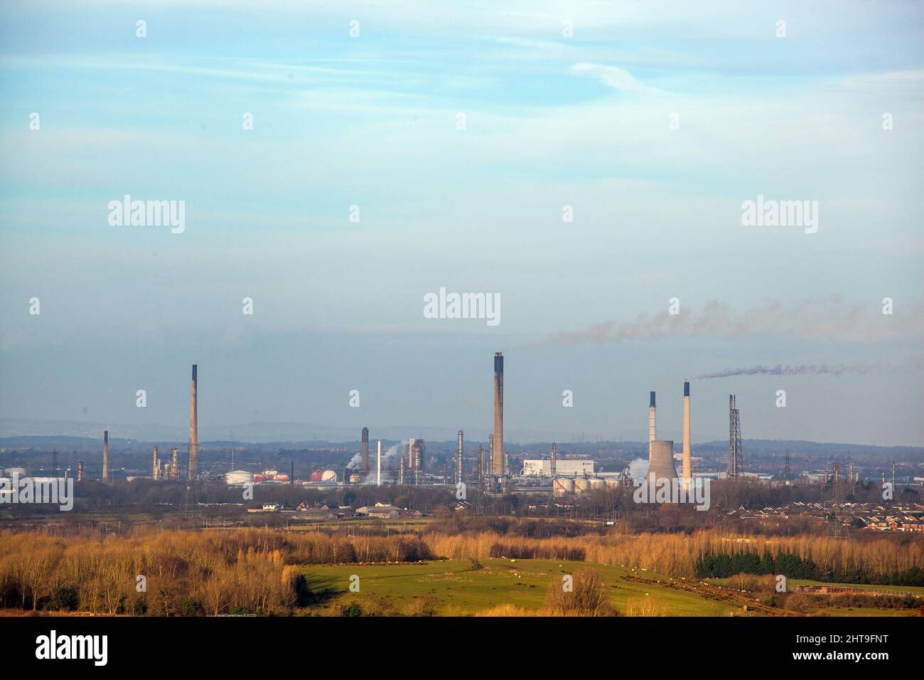 View of  Stanlow oil refinery owned by Essar in Ellesmere Port Cheshire formerly owned by Shell Stock Photo