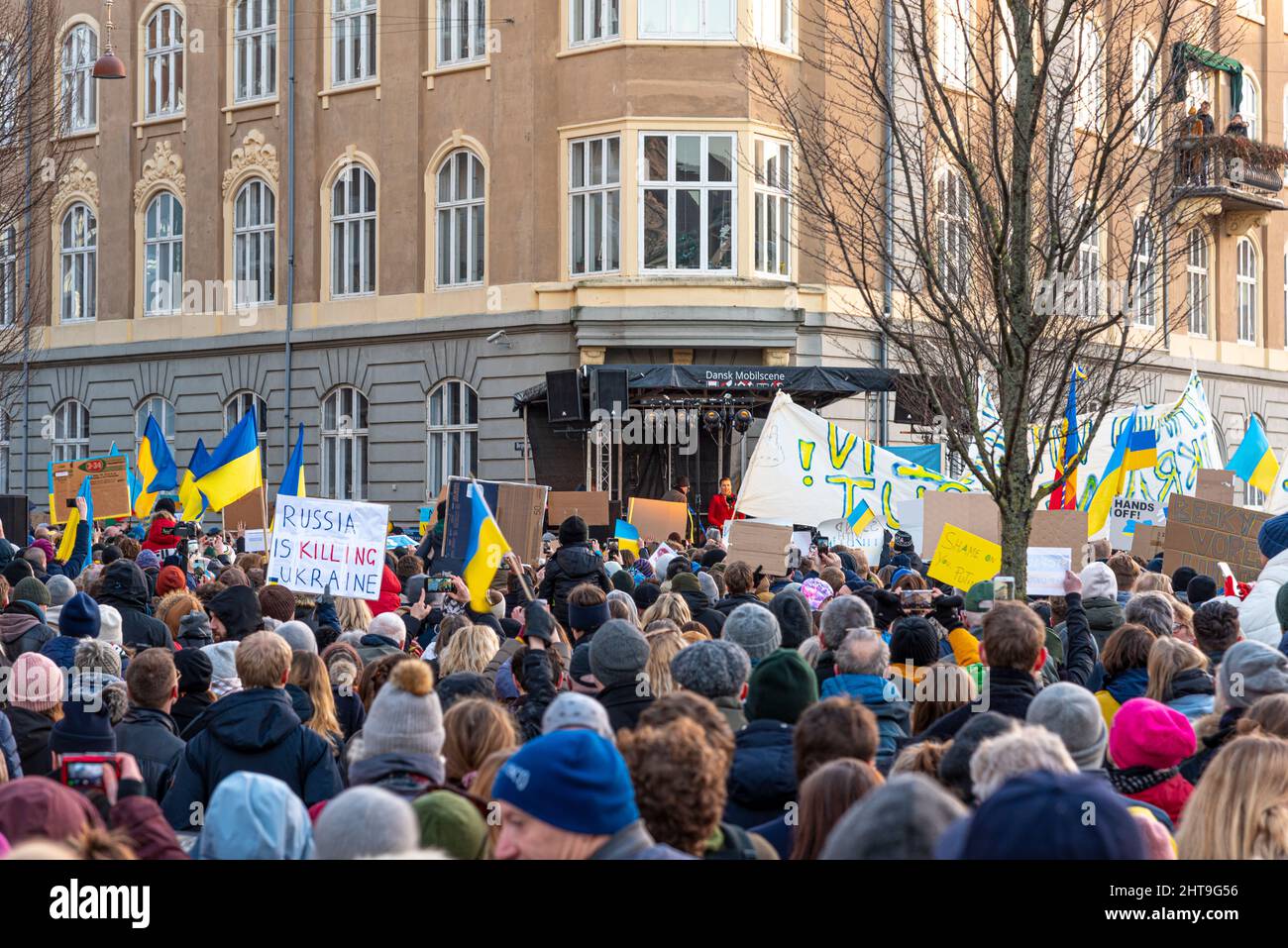 the Danish Prime Minister Mette Frederiksen speaks to protesters in front in front of the Russian embassy in Copenhagen, February 27, 2022 Stock Photo