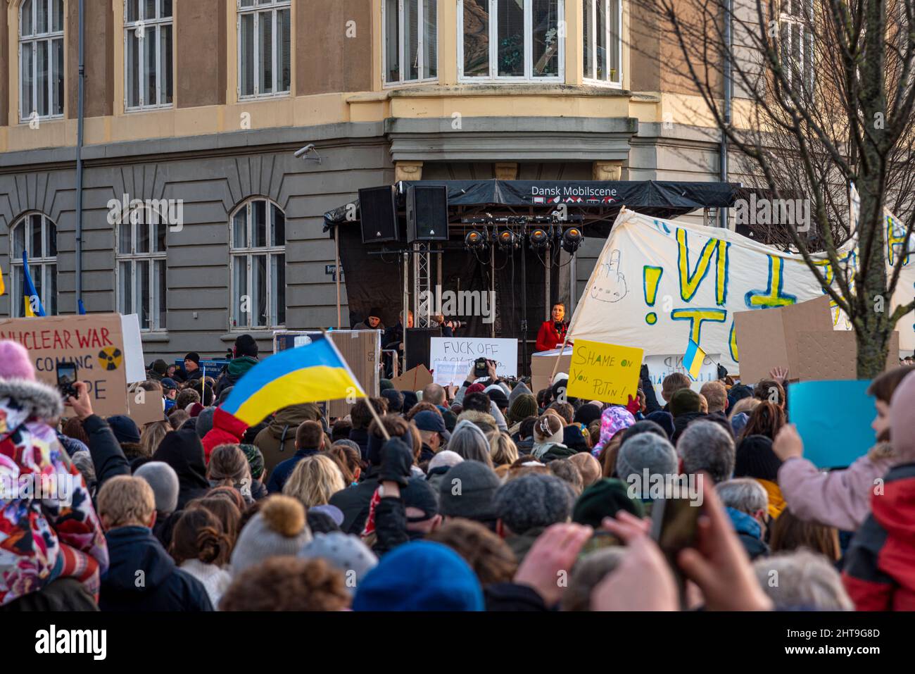 the Danish Prime Minister Mette Frederiksen speaks to protesters in front in front of the Russian embassy in Copenhagen, February 27, 2022 Stock Photo