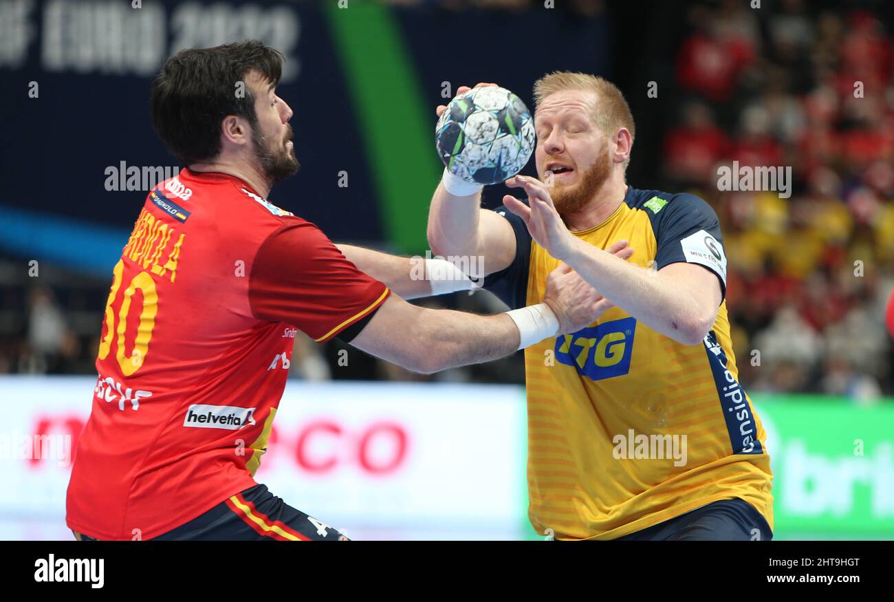 Gedeon Guardiola of Spain  and J. Gottfridsson of Sweden during the EHF Men's Euro 2022, Placement Finale handball match between Spain and Sweden on January 30, 2022 at Budapest Multifunctional Arena in Budapest, Hungary - Photo Laurent Lairys / DPPI Stock Photo