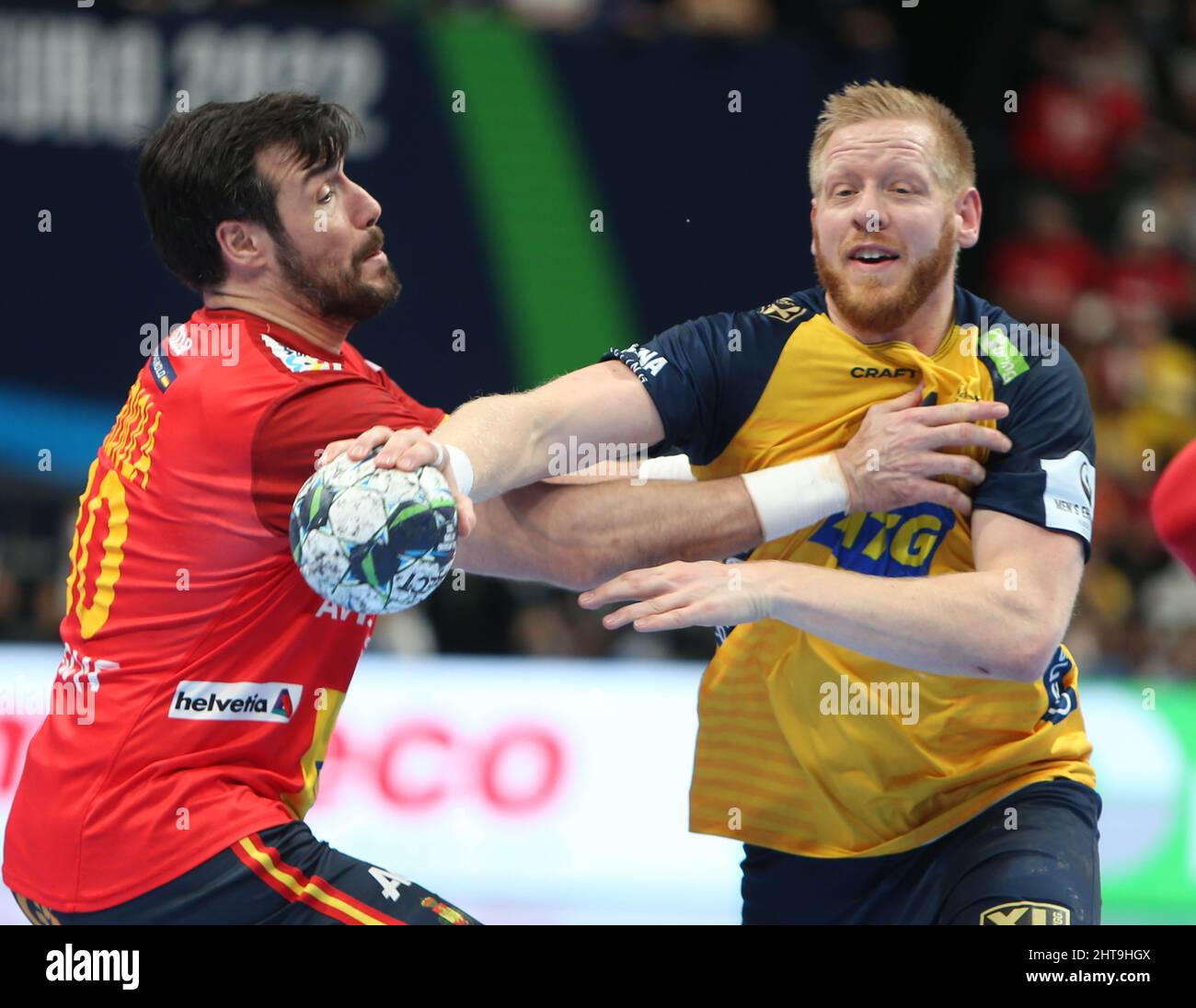 Gedeon Guardiola of Spain  and J. Gottfridsson of Sweden during the EHF Men's Euro 2022, Placement Finale handball match between Spain and Sweden on January 30, 2022 at Budapest Multifunctional Arena in Budapest, Hungary - Photo Laurent Lairys / DPPI Stock Photo