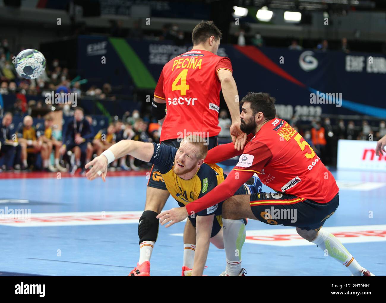 Gedeon Guardiola , Inaki Pecina of Spain  and J. Gottfridsson of Sweden during the EHF Men's Euro 2022, Placement Finale handball match between Spain and Sweden on January 30, 2022 at Budapest Multifunctional Arena in Budapest, Hungary - Photo Laurent Lairys / DPPI Stock Photo