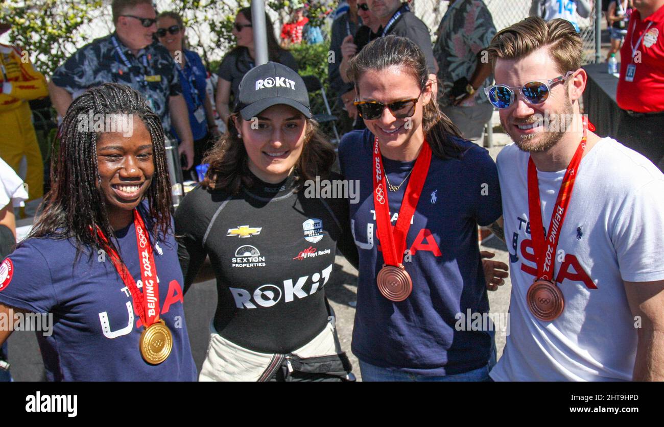 St Petersburg, United States. 27th Feb, 2022. US Gold Medalist Erin Jackson ( L to R) with Tatiana Calderon (11) and Bronze Medalists, Brittany Bowe & Joey Matia at the 2022 Firestone Grand Prix of St Petersburg, on Sunday February 27, 2022 in St Petersburg, Florida. Photo by Mike Gentry/UPI Credit: UPI/Alamy Live News Stock Photo