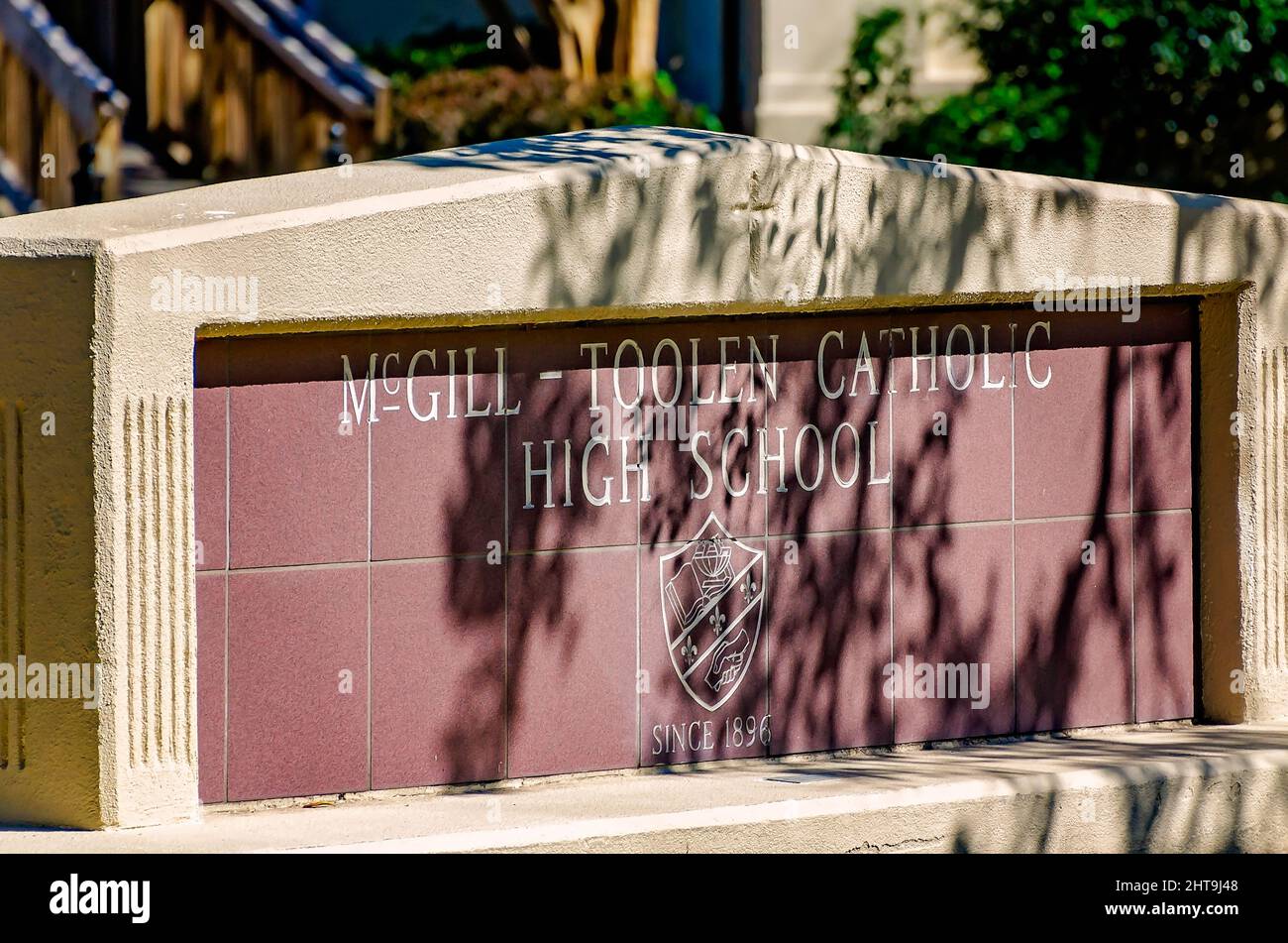 The McGill-Toolen Catholic High School sign is pictured, Feb. 19, 2022, in Mobile, Alabama. Stock Photo