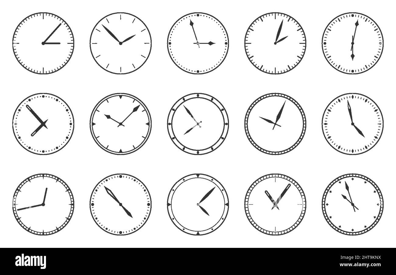Dial clock face watch time circle black line set. Simple modern wall wrist clock classic bezel unnumbered minute second hand template management office deadline time measurement mockup isolated white Stock Vector