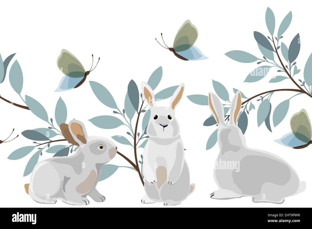 Vector Easter seamless pattern, border. Horizontal panoramic illustration with three bunnies. Stock Vector