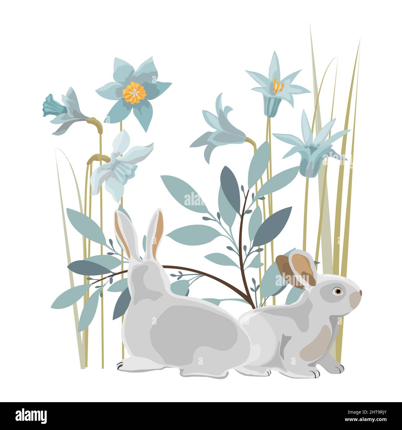 Vector Easter card. Two bunnies, daffodils, twigs and herbs. Stock Vector