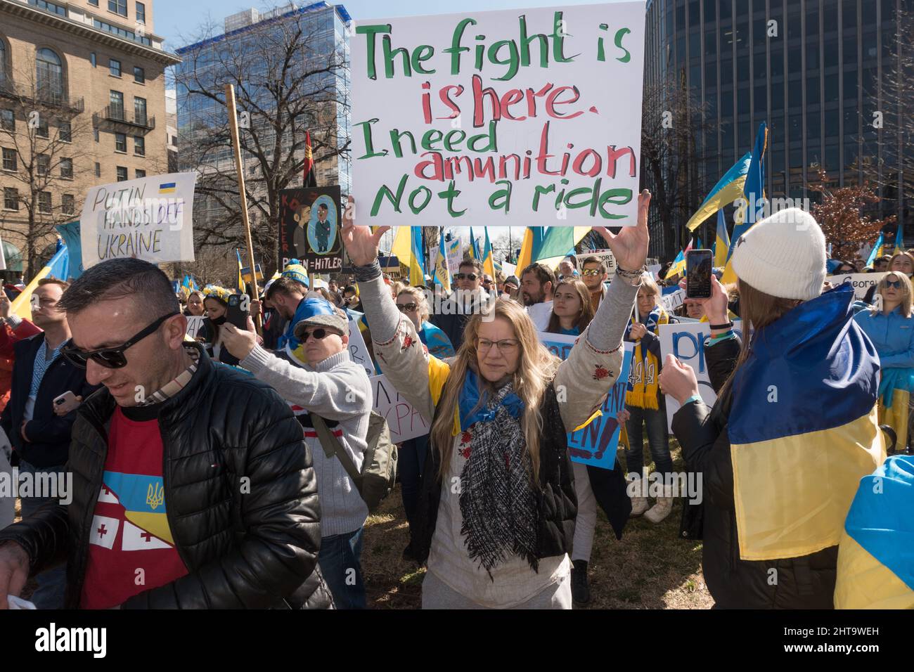 eb. 27, 2022: Ukraine supporters rally at Farragut Square in Washington, DC to protest Russia’s invasion of Ukraine, and to implore President Biden and NATO to take more and stronger action against Vladimir Putin and Russia. A march to the White House followed. Stock Photo