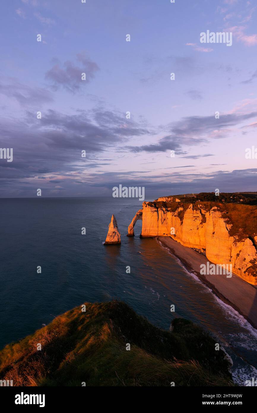 High angle view of the arch of the Aval cliff, and the Jambourg beach ...