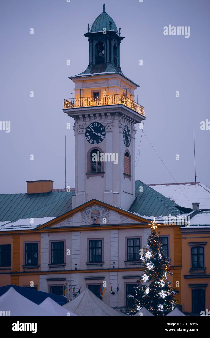 The Chernivtsi town hall with a Christmas tree in the winter in Ukraine