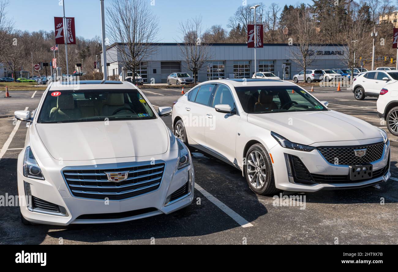 Two used white Cadillac sedans together on a used car dealership lot in