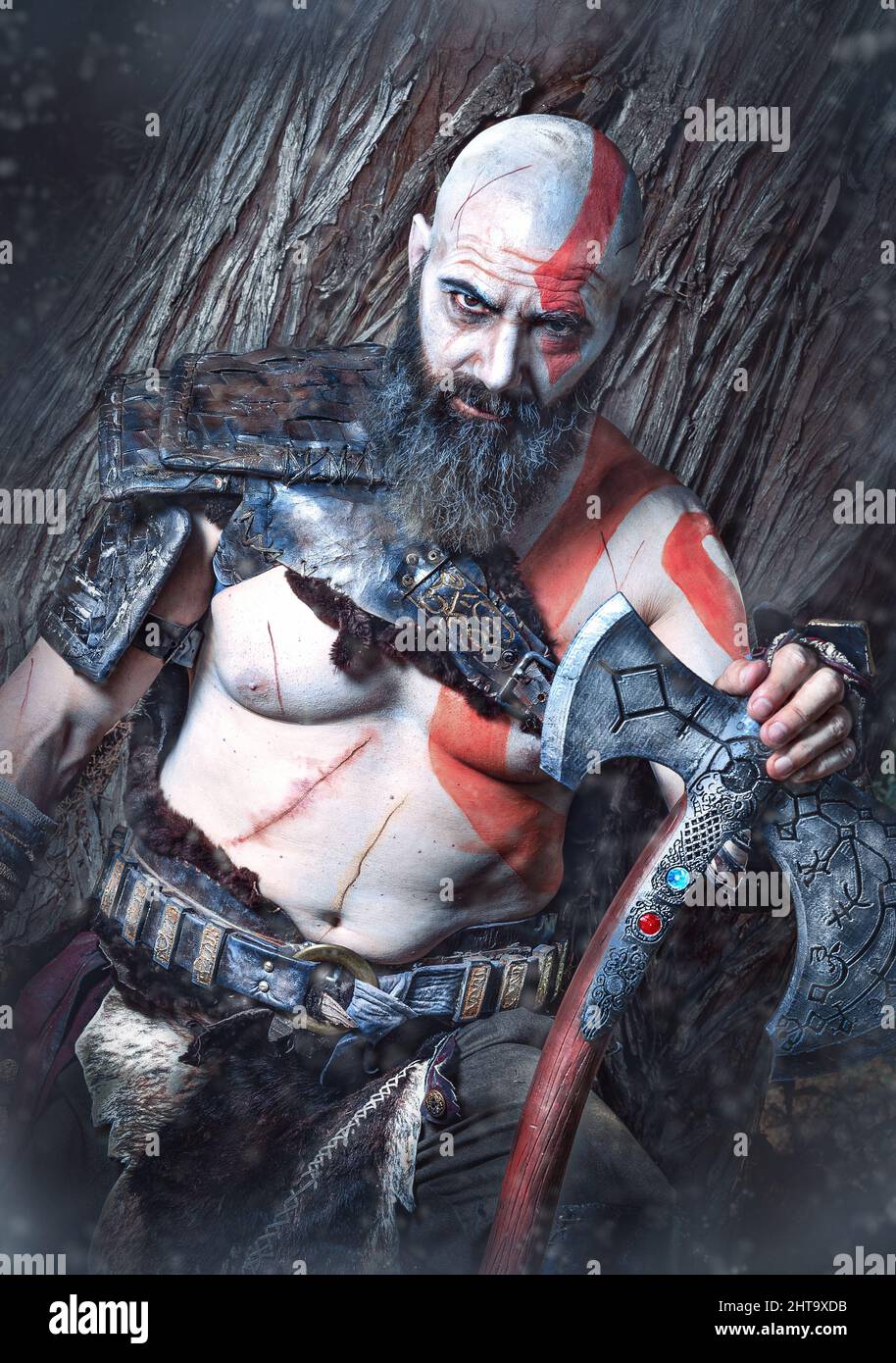 WARRIOR IN THE FOREST. CHARACTERIZATION. COSTUME PLAY. COSPLAY. Stock Photo