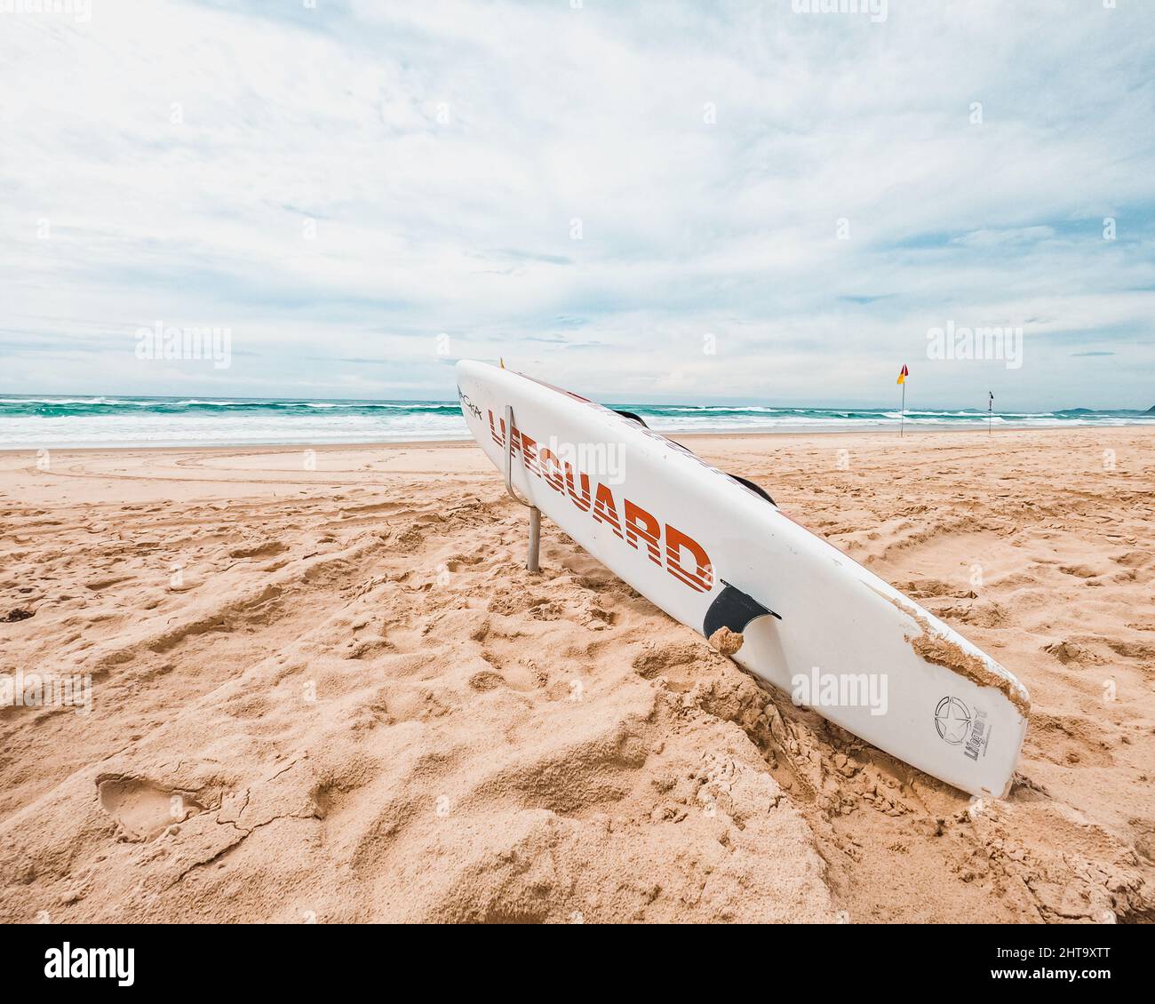 Lifeguard surfboard on Gold Coast, Queensland, Australia Stock Photo
