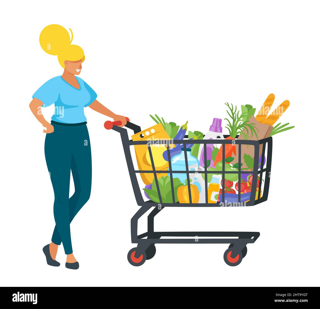 woman with shopping cart full of products Stock Vector