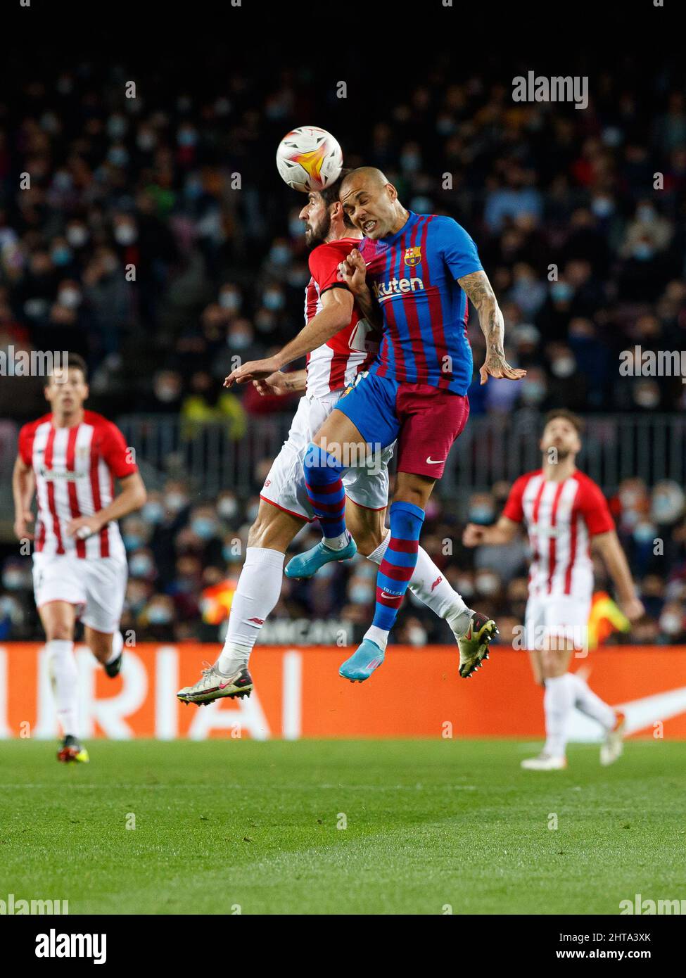 Barcelona, Spain. . 27th Feb, 2022. Dani Alves of FC Barcelona in action with Raul Garcia of Athletic Club during the La Liga match between FC Barcelona and Athletic Club Bilbao at Camp Nou in Barcelona, Spain. Credit: DAX Images/Alamy Live News Stock Photo