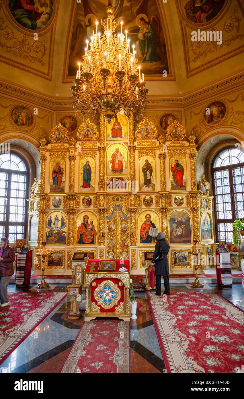 Altar with traditional icons inside the Nativity of Christ Church, Podil district, Kiev (Kyiv), capital city of Ukraine Stock Photo