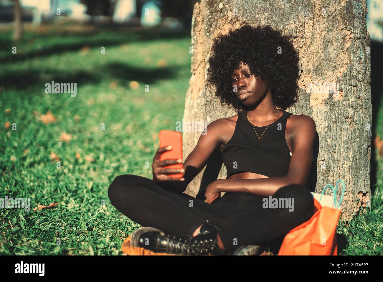 Black woman afro and tree hi-res stock photography and images - Alamy