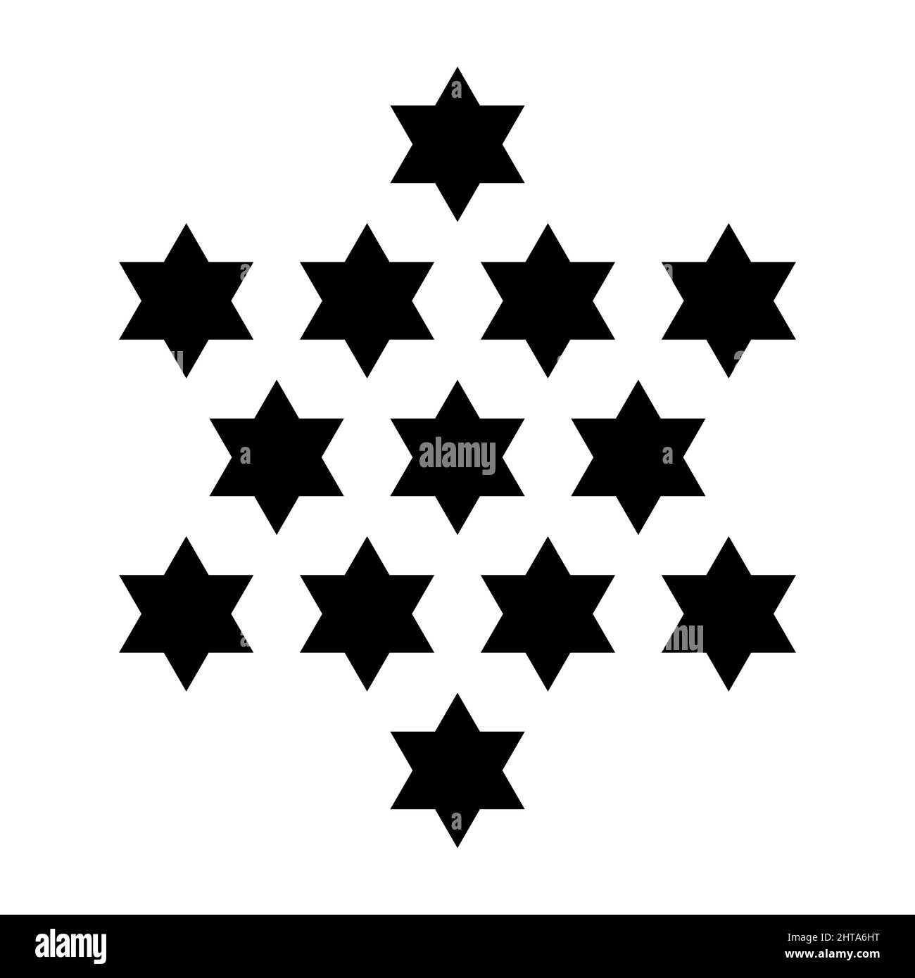Thirteen stars. 13 hexagrams forming a centered, six-pointed star, such as the Star of David. Symbol, used in the Great Seal of the USA. Stock Photo