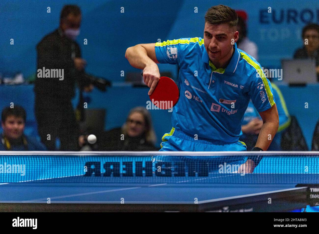 Montreux, Pierrier Sports Hall, Switzerland. 27th Feb, 2022. Montreux  Switzerland, 02/28/2022: Darko Jorgic of Slovenia is in action during the  final of the men's table tennis tournament at the CCB Europe Top