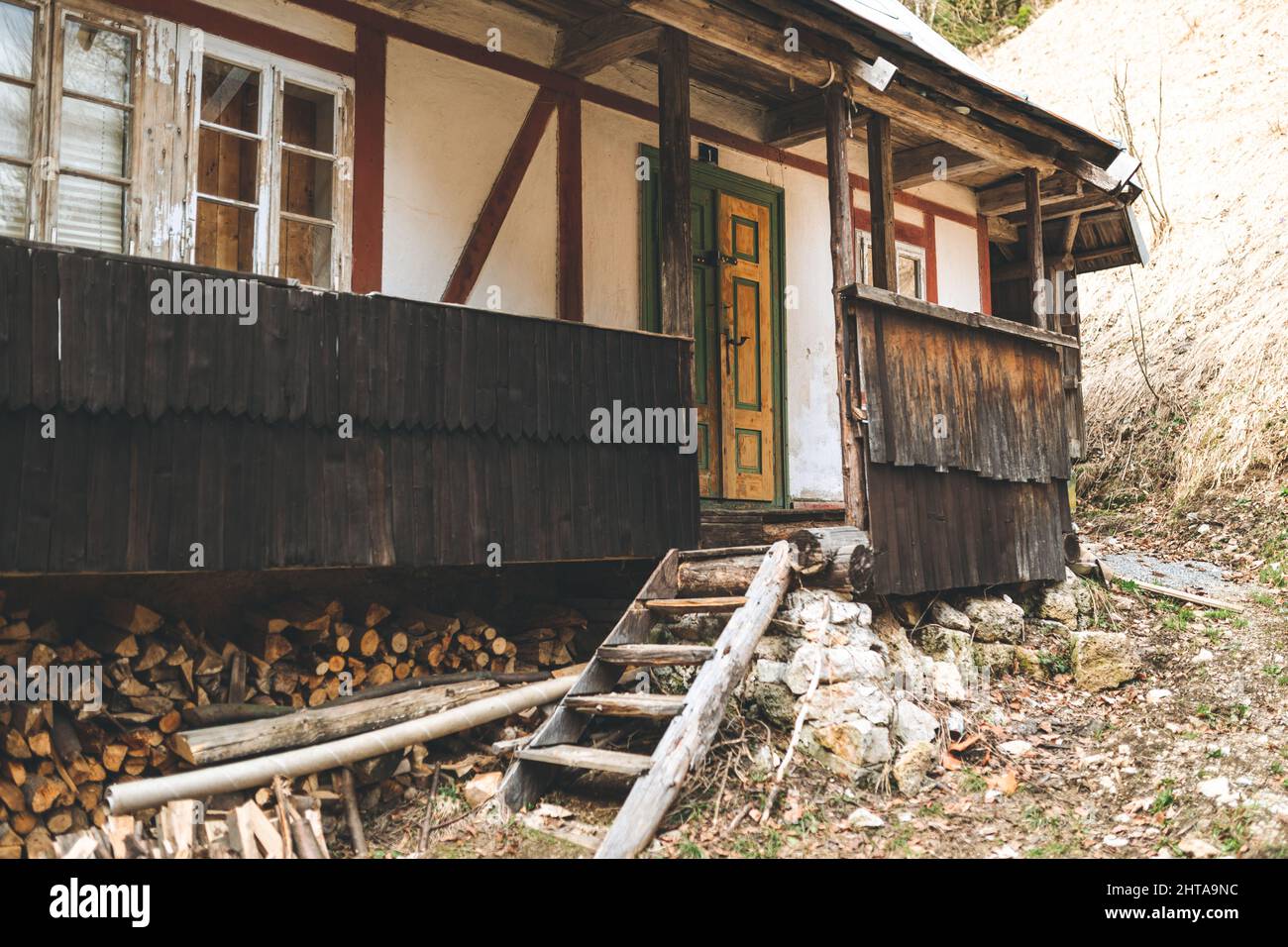 Closeup of an Old forgotten village Prasnica near Donovaly with wooden houses Stock Photo