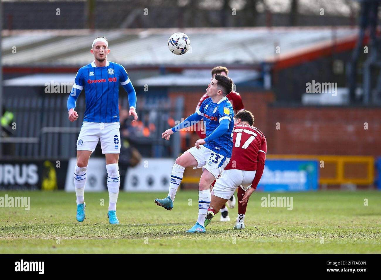 Crown Oil Arena, Rochdale, England 26th February 2022 Liam Kelly (23) of Rochdale keeps his
