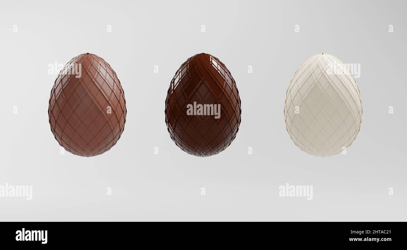 easter chocolate eggs made of three varieties of chocolate isolated on