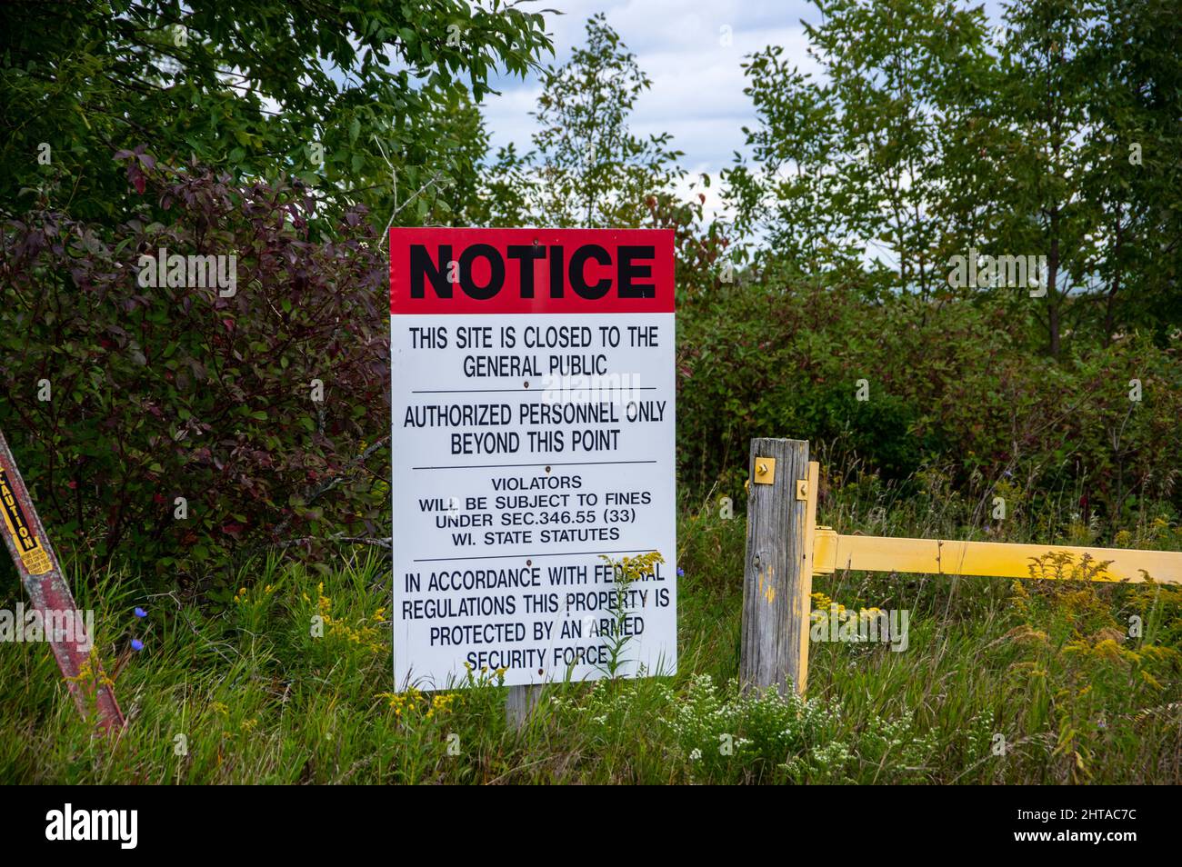 Warning sign at property of Point Beach Nuclear Power Plant near the new Two Creeks Solar Park. Stock Photo