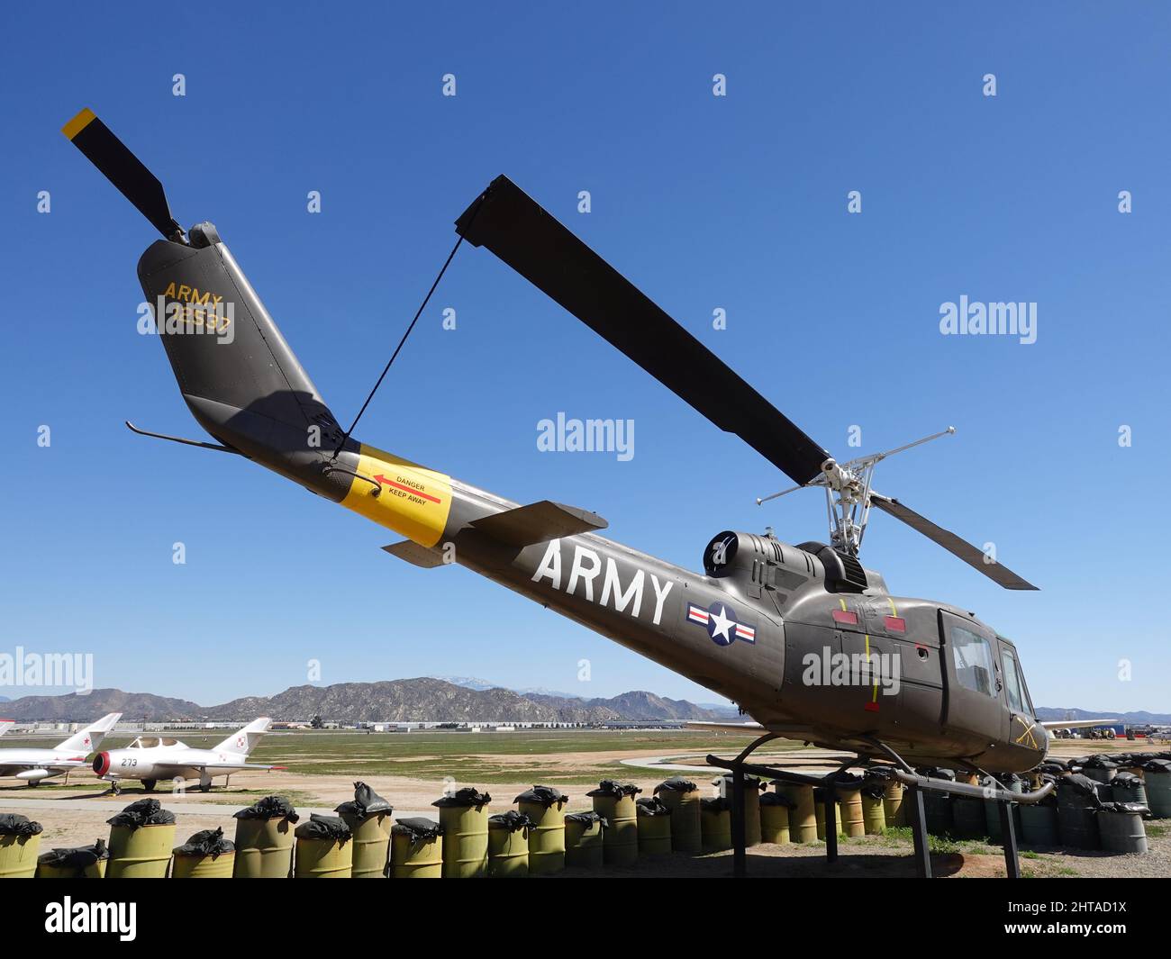 Moreno Valley, California, USA - February 26, 2022: Tail view of UH-1B Iroquios Helicopter Stock Photo