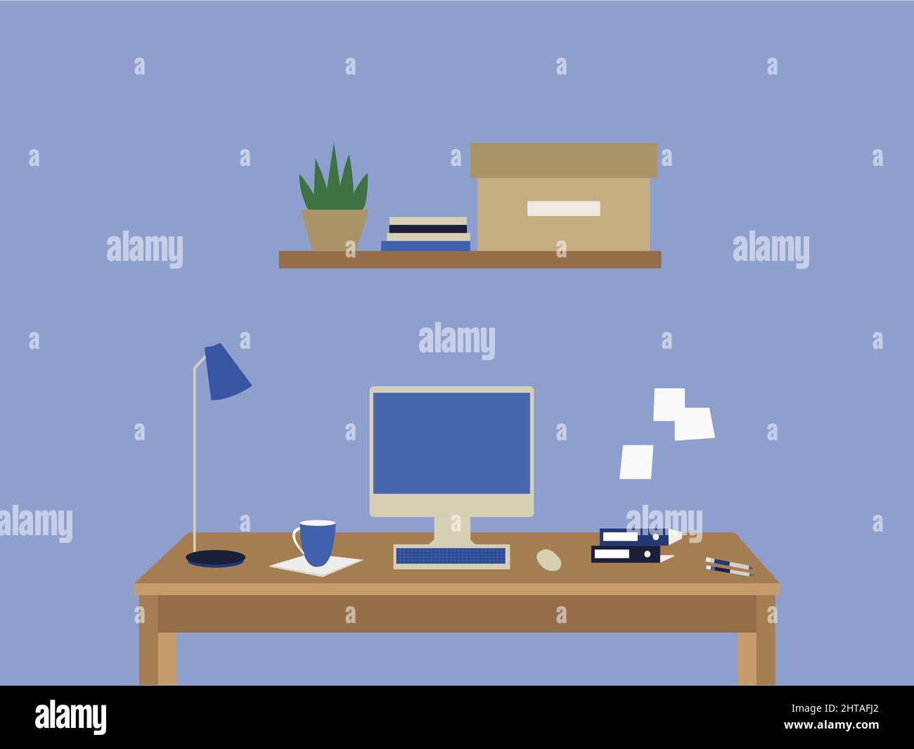 Illustration of the working desk with a computer and office supplies in the office Stock Photo